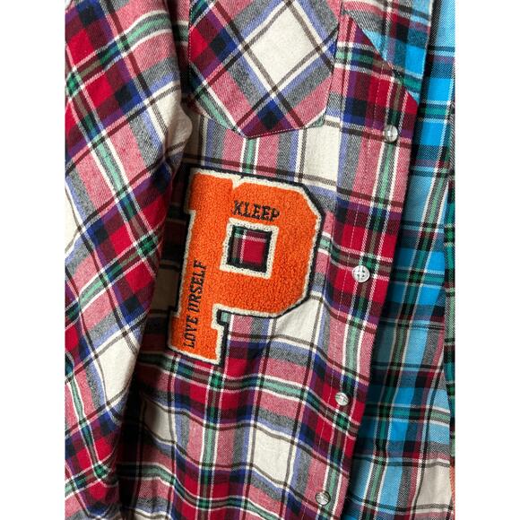 Men’s Large Kleep Gallant Premium Flannel Button Down Shirt Mixed Plaid Patches - Picture 6 of 8